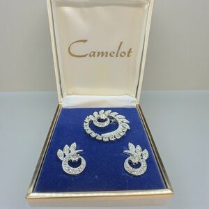 Vintage New Old Stock Camelot Clear Rhinestone Brooch & Clip On Earrings Set
